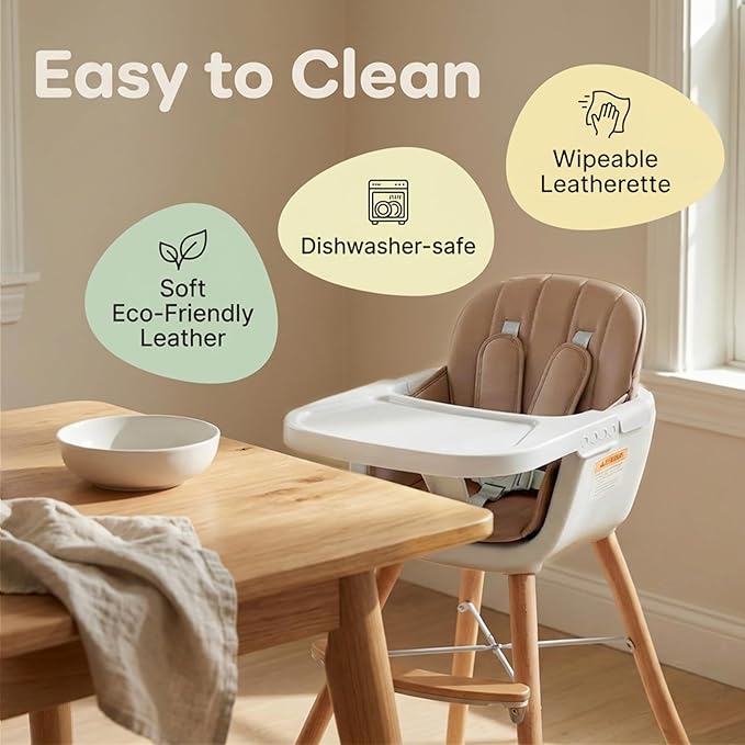Mallify 3-in-1 Wooden High Chair, Convertible High Chairs for Babies and Toddlers, Baby Highchair with Adjustable Legs & Dishwasher-Safe Tray, Sleek Hardwood & Premium PU Cushion, Brown