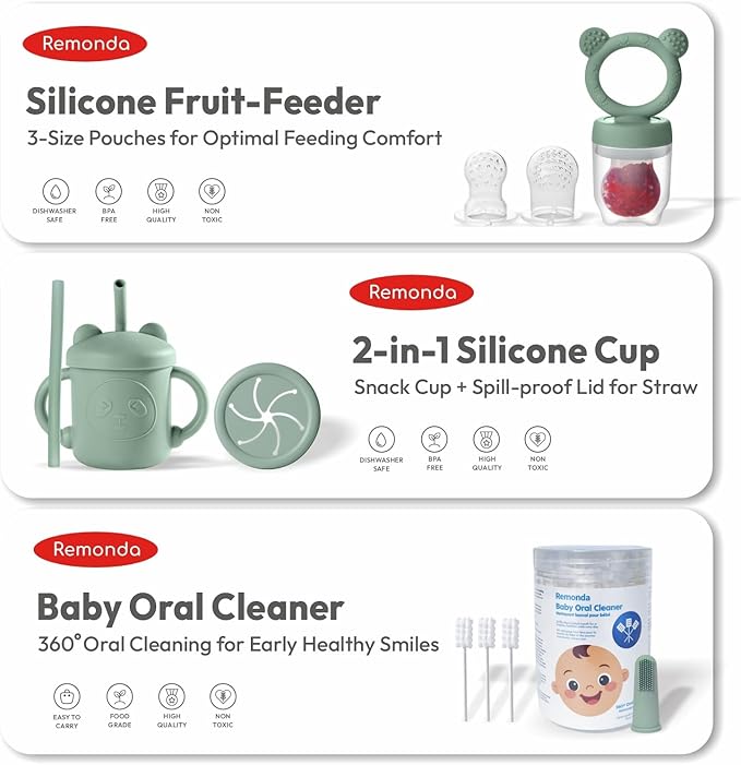 Remonda 23-Piece BPA-Free Silicone Baby Feeding Set | Extra Large Suction Plates, Toddler Bowls, Self Feeding Spoons, and More | Dishwasher Safe| Baby Led Weaning Supplies (Green）01