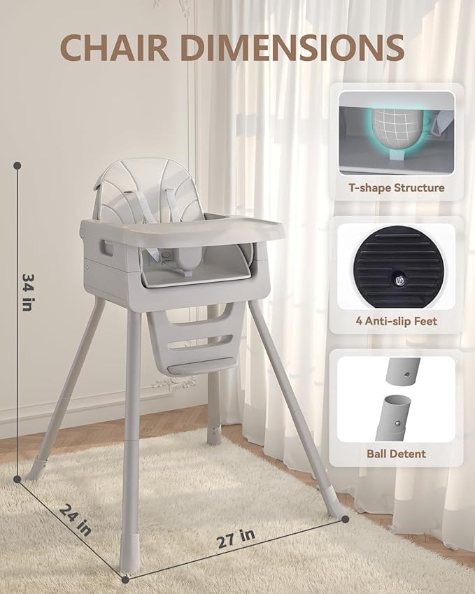 Baby High Chair for 6 Months+, Foldable High Chairs for Babies and Toddlers, Convertible High Chair, Adjustable Tray & Footrest, Portable High Chair & Easy to Clean(Gray)