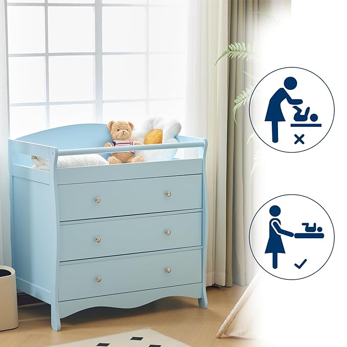 Karl home Changing Table Dresser Baby Diaper Changing Station Infant Nursing Table with 3 Drawers, Safety Rail & Strap for Bedroom, Nursery, Blue