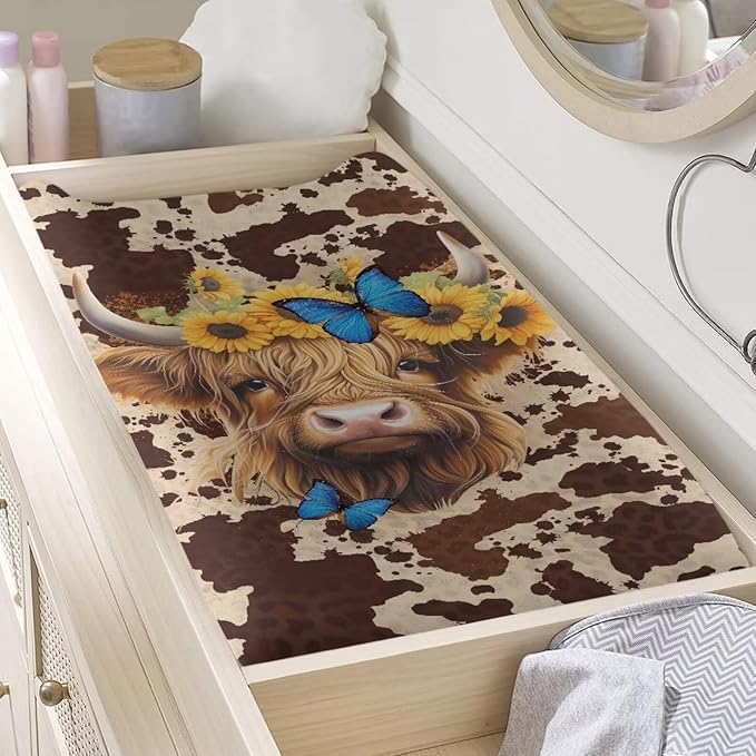 Highland Cow Changing Pad Cover Baby Diaper Changing Pad Cover Cradle Mattress Sheets Soft & Breathable Diaper Change Table Sheets, Fit 32"x16" Contoured Pad Gift for Friends