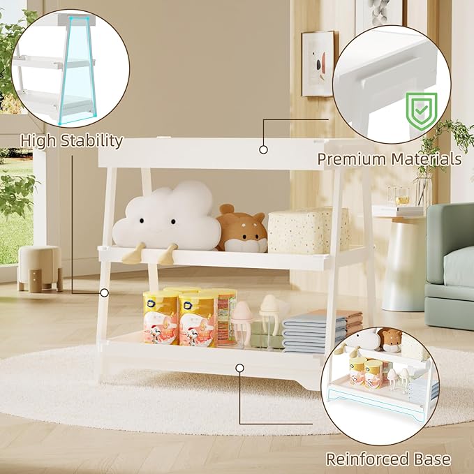 KORIMEFA Baby Changing Table with Two Open Shelves for Infant Daycare Essentials Storage - White with White Legs