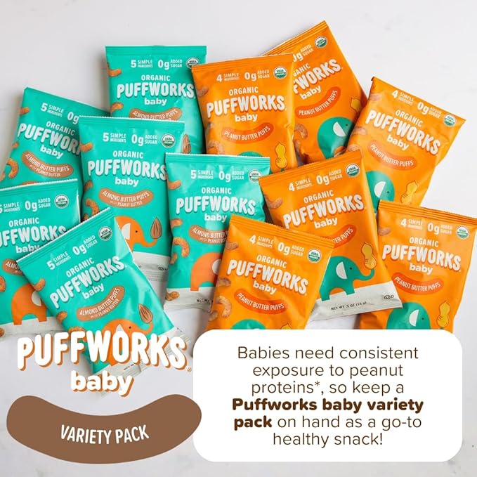 Puffworks Baby Organic Almond Butter Puffs, with Peanut Butter, Plant-Based Protein, USDA Organic, No Added Sugar, Gluten-Free, Vegan, Non-GMO, Kosher, 0.5 Ounce (Pack of 12)