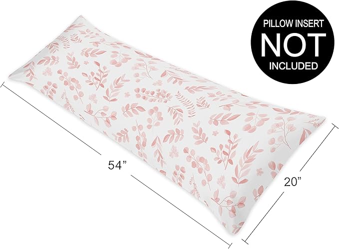 Sweet Jojo Designs Blush Pink and White Floral Leaf Body Pillow Case Cover Boho Chic Bohemian Watercolor Botanical Flower Woodland Tropical Garden Leaves Pastel Light Pink Nature - Pillow Not Included