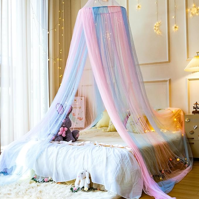 Princess Pink Blue Bed Canopy for Girls Bed Net,Princess Canopy for Kids Bed Room Decor (Pink+Blue)