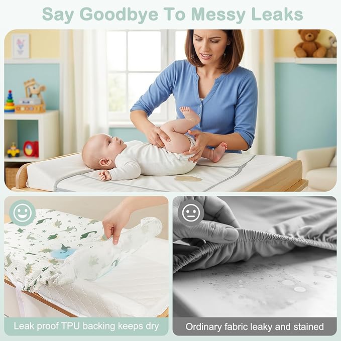 Basumee Muslin Changing Pad Cover Waterproof 2 Pack Baby Changing Table Covers for Boys and Girls Soft Breathable Nursery Diaper Change Table Cover Pad Fits 32"x16", Green Dinosaur