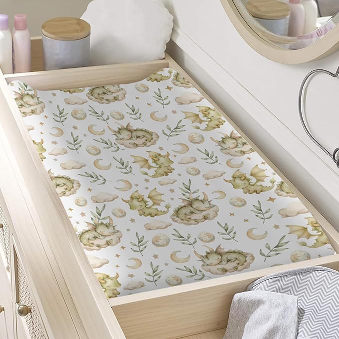 Cute Dragon Moon Stars Leaves Baby Changing Pad Cover,Unisex Dragon Nursery Diaper Changing Table Pad Mat Sheet for Boys Girls-16x32