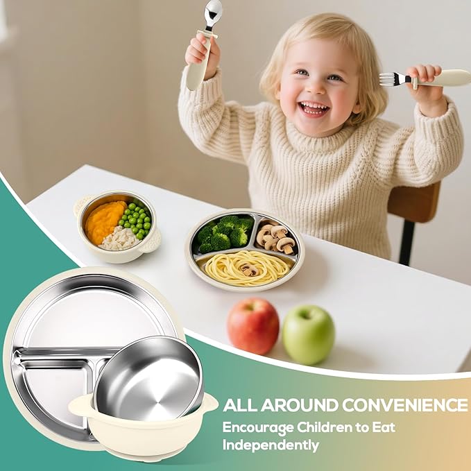 Mity rain Stainless Steel & Silicone Toddler Plates and Bowls Set with Suction,5-Piece Suction Plates & Bowls for Toddler,Removable Shell,Silicones Baby Plates for Independent Eating(Beige)