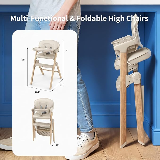 Babilous High Chair, Foldable High Chairs for Babies and Toddlers Ultra Safe for Infant or Adults Up to 150 Lbs, Easy Clean, Removable Tray/Adjustable Footrest for Baby Feeding HighChair, Cream