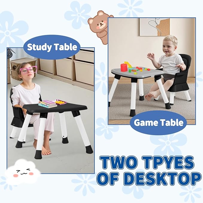 Kinder King 8 in 1 Baby High Chair, Coverts to Dining Booster Seat/Kids Table & Chair Set/Toddler Building Block Table/Kids Stool, Removable Tray & Double Seat Cover, Easy to Wipe, Black & White