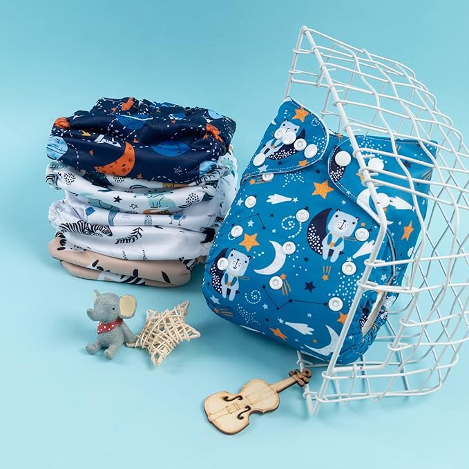 babygoal Reusable Cloth Diapers 6 Pack+6pcs Rayon from Bamboo Inserts+Wet Bag, One Size Adjustable Washable Pocket Nappy Covers for Baby Boys and Girls
