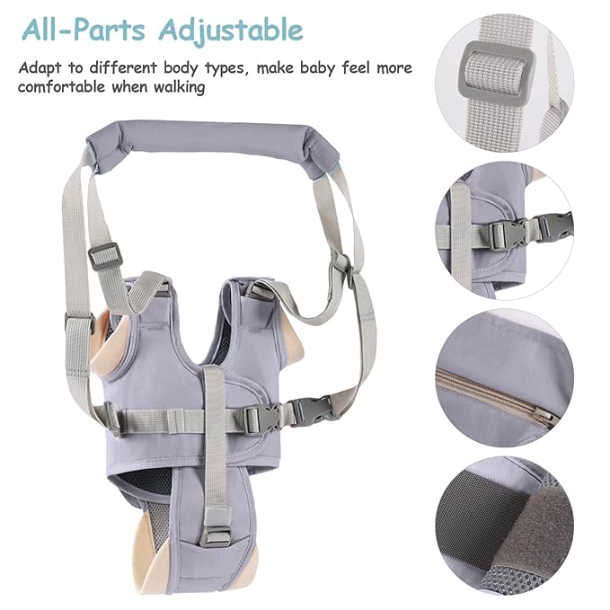 Baby Walking Harness Handheld Baby Walker Assistant Belt Adjustable Toddler Infant Walker Harnesses Standing Up and Walking Learning Helper with Detachable Crotch for 9-24 Month (Gray)