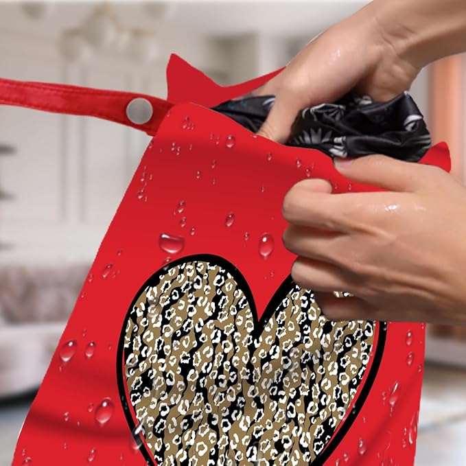 4 Pack Leopard Heart Cute Leopard Wet Bag Waterproof Reusable Wet Dry Bag for Swimsuit Clothes Cloth Diaper Travel Pool Yoga Toiletries Travel Cruises Valentine Day Birthday Camping Beach Essentials