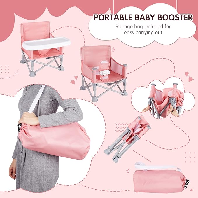 Portable Baby Chair, Folding Booster Seat with Tray for Dining Table Compact Camping Chair for Lawn Beach Travel Babies 6-36 Months
