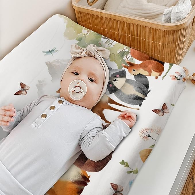 HawSkgFub Animal Friends Changing Pad Cover for Baby Girl Boy, Natural Forest Deer Bear Fox Owl Diaper Change Table Covers, Soft Stretchy Safe Snug Fitted Changing Mat Sheet Fit 32"/34" x 16"