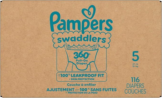 Pampers Diapers - Swaddlers 360° - Size 5, 116 Count, up to 100% Leakproof Comfy Dry Fit, Designed for Easy Changes, Pull On Baby Diaper (Packaging May Vary)