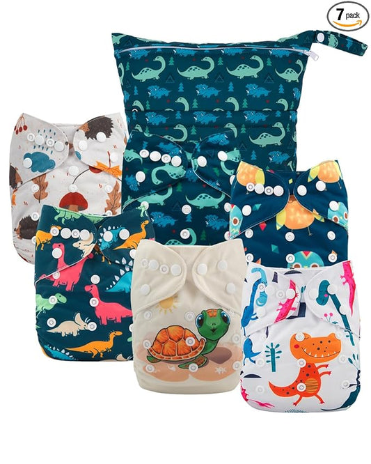 babygoal Cloth Diaper Covers 6 Pack with Wet Bag for Fitted Diapers and Prefolds with Double Gussets, Adjustable and Reusable for Baby Boys
