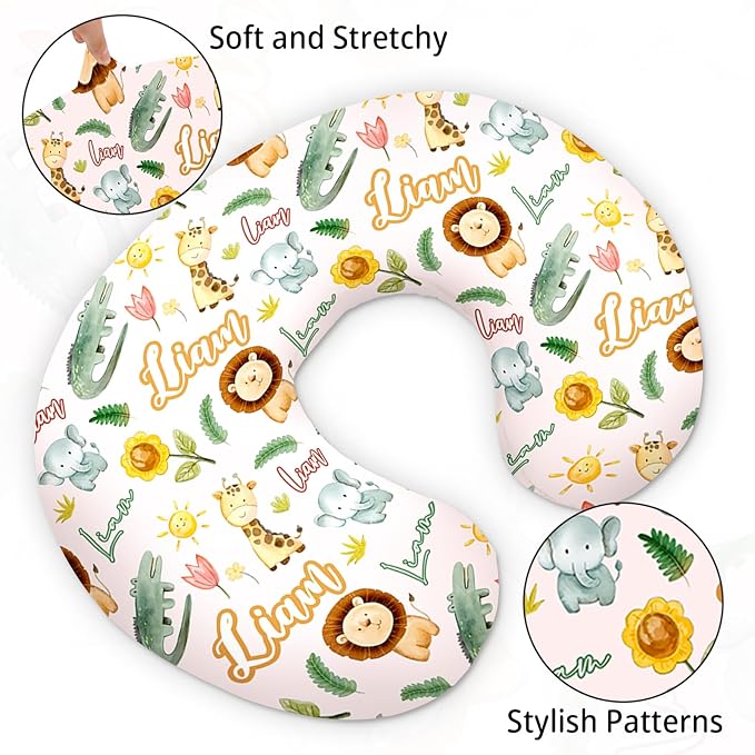 Baby Nursing Pillow Cover - Personalized Name Breastfeeding Pillow Cover with Giraffe Pattern, Stretchy Removable U-Shaped for New Moms, Soft Breathable Slipcover for Infant Boys Girls