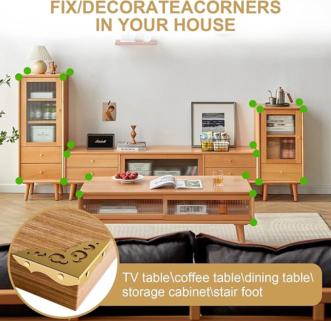 4 Pcs Brass Corner Protectors for Furniture,Retro Style Guard Cabinet Furniture Corner Bumpers for Jewelry Box Gift Box Wooden Case Cabinet Furniture Decorative (Gold)