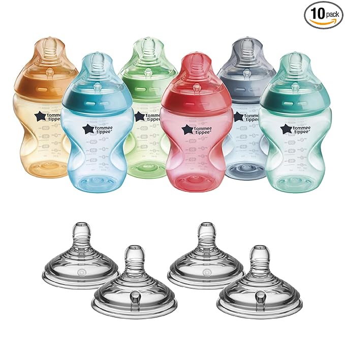 Tommee Tippee Natural Start Bottle and Nipple Bundle, 6 Fiesta Color, Anti-Colic 9 oz BPA Free Baby Bottles, 0+ Months, Slow Flow Breast-Like Nipple, Baby Bottle Nipples, Extra Slow Flow, 10 Pieces
