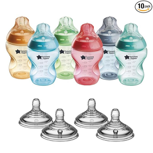 Tommee Tippee Natural Start Bottle and Nipple Bundle, 6 Fiesta Color, Anti-Colic 9 oz BPA Free Baby Bottles, 0+ Months, Slow Flow Breast-Like Nipple, Baby Bottle Nipples, Extra Slow Flow, 10 Pieces