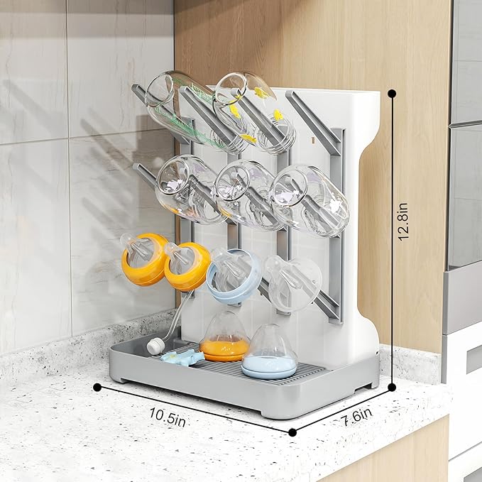 GoMaihe Baby Bottle Drying Rack: Space Saving Vertical Bottle Dryer Holder - Newborn Accessories Storage Stand Organize Brushes Pacifiers on Countertop - BPA-Free - Gray