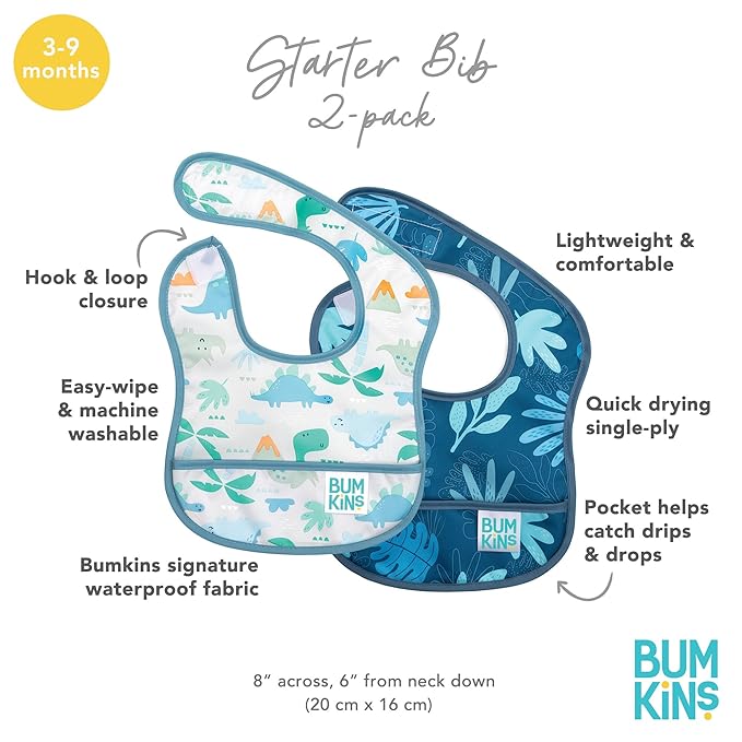 Bumkins Bibs, for Baby Girl or Boy, Infant 3-9 Months,Essential Must Have for Eating, Feeding, Baby Led Weaning, Mess Saving Waterproof Soft Fabric, Starter Bib 2-pk Blue Tropic and Dinosaurs