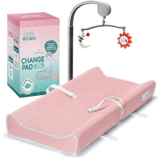 Changing Pad - Foam Contoured Baby Changing Pad for Dresser, Waterproof Diaper Changing Table Pad, Includes Soft, Removable & Washable Non-Slip Cover, Bonus Portable Toy Bar with Music Mode Included