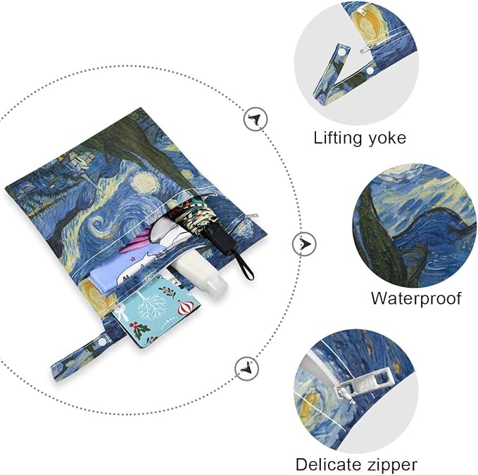 Van Gogh The Starry Night Art Print Waterproof Wet Bags - Machine Washable | Wet Dry Bag for Cloth Diapers, Swimsuit,Daycare, 2 Pack