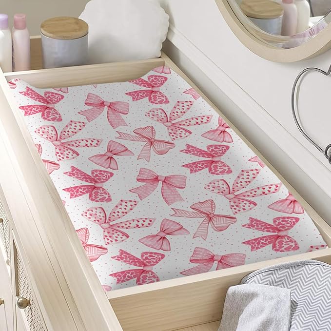 Pink Valentine Bows Baby Changing Pad Covers for Girl 32''x16'' Girly Pink Hair Bows Fitted Diaper Changing Table Sheets Valentine Hearts Love Soft Breathable Nursery Baby Changing Table Mats Pink