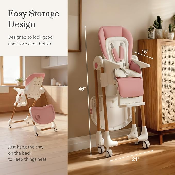 Mallify Foldable High Chairs for Babies and Toddlers, 3-in-1 Convertible Baby High Chair with Removable Soft Cushion and Tray, Adjustable Height & Recline, Lockable Wheels, Pink
