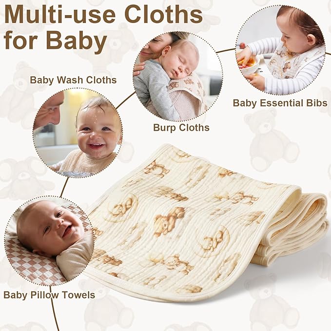 Hahafelt 4 Pcs Bear Baby Burp Cloths 100% Cotton Absorbent & Soft Burping Cloth Newborn Towel 2-in-1 Large Size Baby Spit up Burping Rags Set for Boys and Girls Infant Newborn