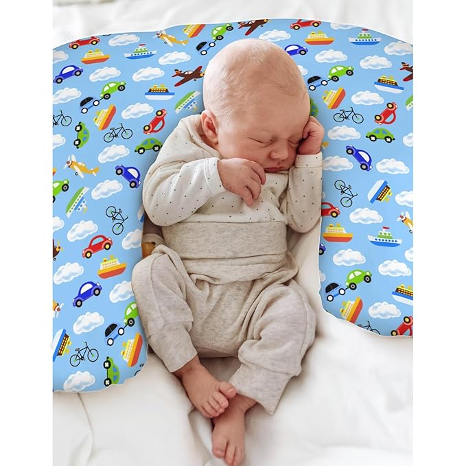 Planes Automobiles Transport Baby Nursing Pillow Covers for Boy Girl Airplanes Boats Bike Car Clouds Blue Nursing Slipcovers for Breastfeeding Pillows Travel Soft Stretchy Cover for Newborn Infant