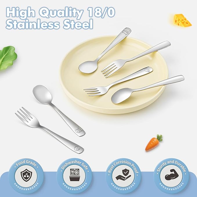 DRKIO Stainless Steel Toddler Utensils Set - 6 Pieces Kids Silverware Set Children Safe Food Grade Small Forks and Spoons Dishwasher Safe Mirror Polished