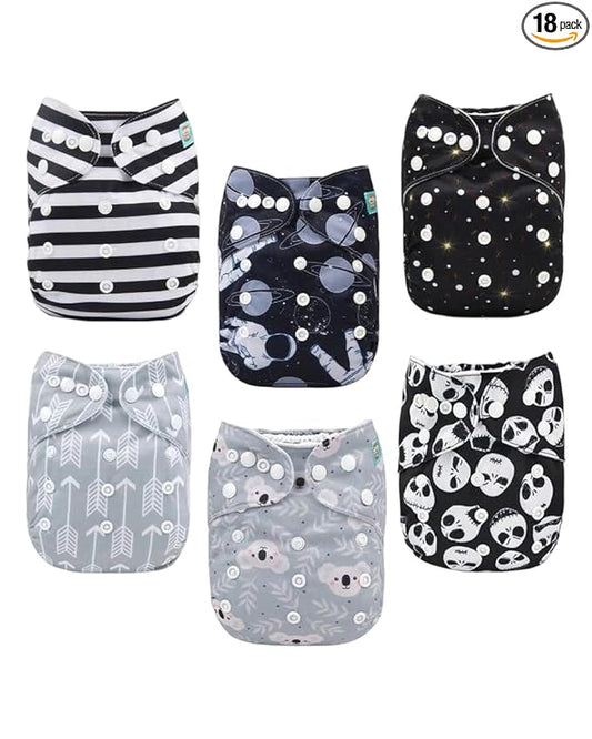 ALVABABY Baby Cloth Diaper 6 Pack with 12 Inserts One Size Cloth Diaper Covers Adjustable Washable Reusable for Baby Girls and Boys