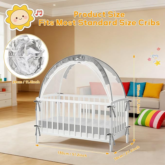 Crib Tent to Keep Baby in - Stop Climbing Out with Double Zipper & Strong Rods, Breathable Mesh Pop-Up Canopy for Easy Installation, Fits Standard Cribs