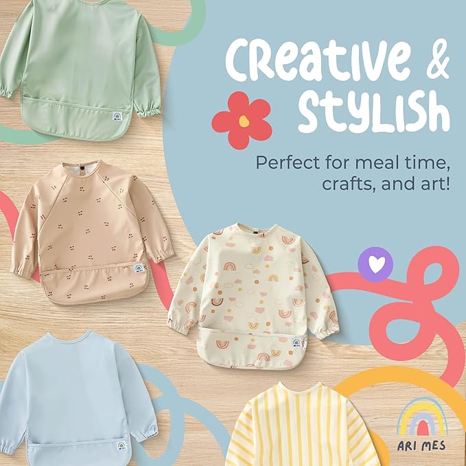 ARI MES Waterproof Long Sleeve Baby Bib for Eating-Cherries Pattern, Large-Toddler Smock with Catch-All Pocket, BPA Free, Machine Washable, Wearable Feeding Bib for Boys & Girls 6-72 Months