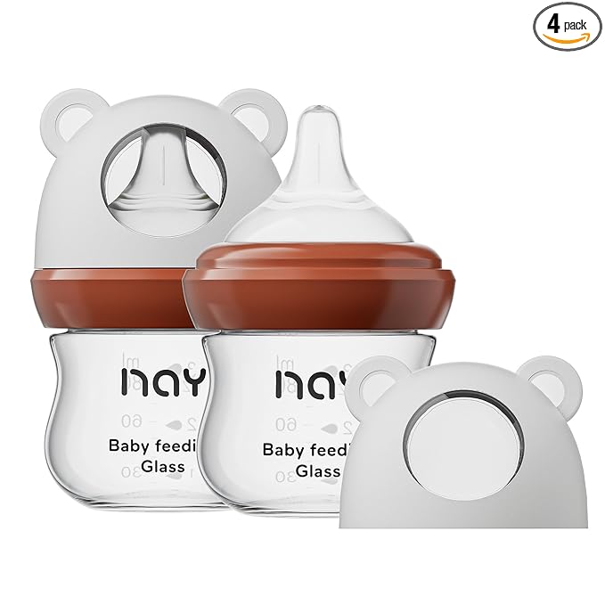 yanyoyo Natural Glass Baby Bottle for Breastfeeding Babies, 3oz Newborn Anti-Colic Baby Bottle with Slow Flow Nipples (SS), Clear, Wide Neck, 2 Pack, 0 Months+