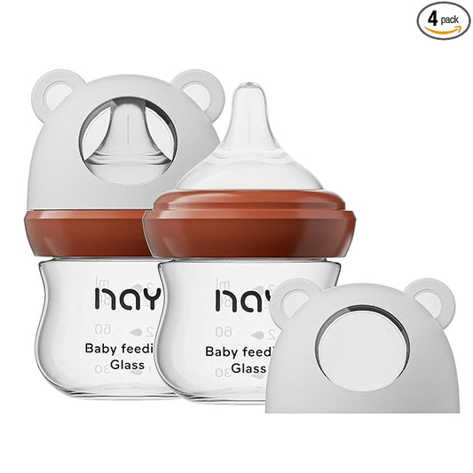 yanyoyo Natural Glass Baby Bottle for Breastfeeding Babies, 3oz Newborn Anti-Colic Baby Bottle with Slow Flow Nipples (SS), Clear, Wide Neck, 2 Pack, 0 Months+