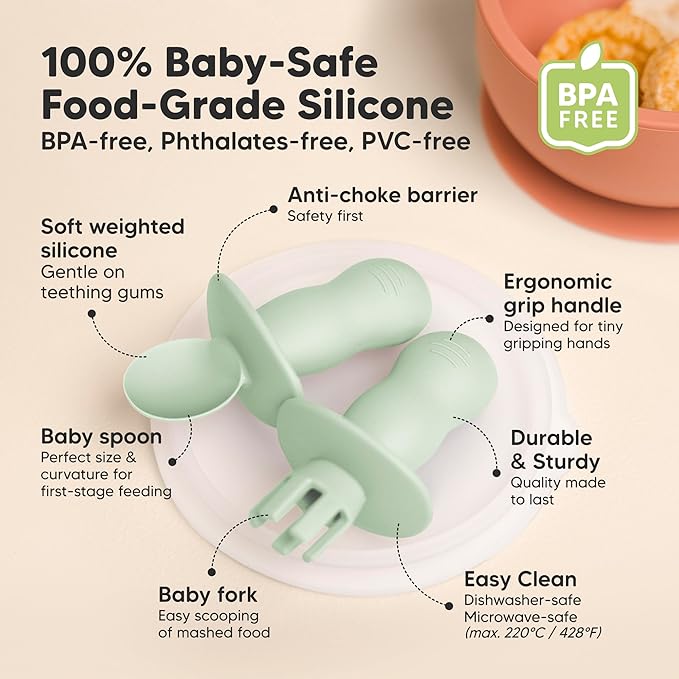 KeaBabies 4-Pack Silicone Baby Spoons and Forks Set - Baby Led Weaning Utensils 6-12 Months, Self Feeding Toddler Spoon & Fork for Training, Teething, Easy to Hold, BPA-Free Silicone(Mellow)