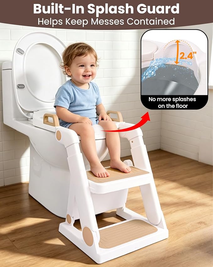 Potty Training Seat, Primlect Upgrade Toddler Toilet Seat for Kids Boys Girls, 2 in 1 Potty Training Toilet with Step Stool, Adjustable Seat and Ladder, Non-Slip Pad, Splash Guard (M-Brown)