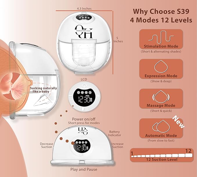 Hands-Free Wearable Breast Pump with Leak-Proof Comfort Seal, Portable Electric Pump Featuring 4 Modes, 12 Adjustable Suction Levels & Smart Memory Function with Extended Battery Life