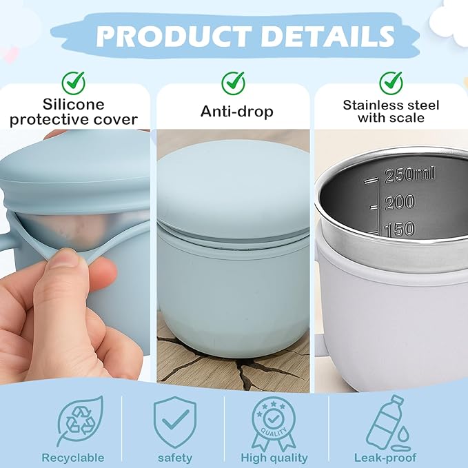 2 Pack Stainless Steel Toddler Snack Cups No Spill, 10oz BPA-Free Detachable Snack Cups with Silicone Lids, Reusable Multifunctional Snack Containers for Toddler and Baby
