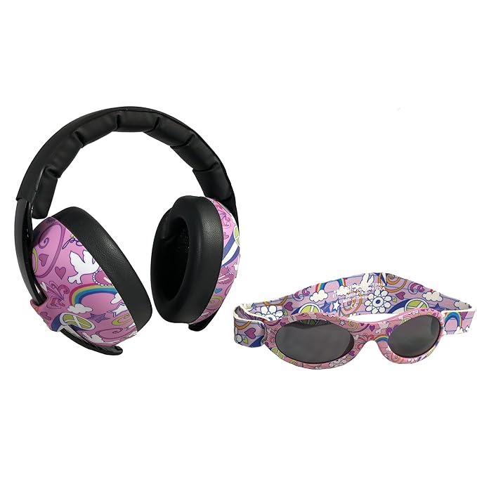 BANZ Baby Earmuffs Infant and Toddler Hearing Protection Headphones - Packaged Sunglasses Ages 0–2 Years – Ultimate Child Ear and Eye Protection – Stop Noise – Block Sun (Doodle Pink)