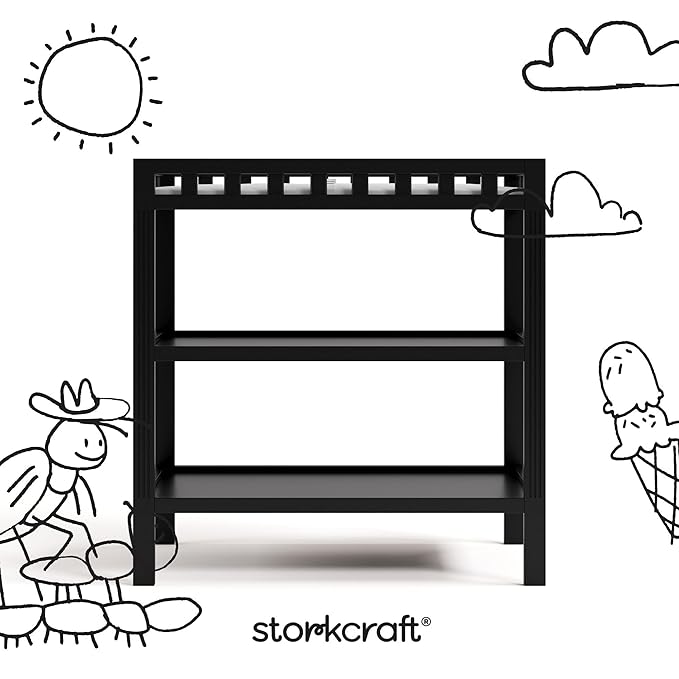 Storkcraft Morningside Changing Table (Black) – GREENGUARD Gold Certified Baby Changing Table, Includes Waterproof Diaper Changing Pad, Easy 30-Minute Assembly, 2 Open Shelves for Storage