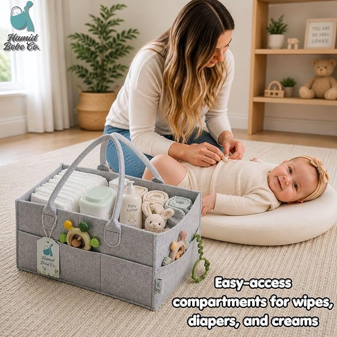 Hamid Baby Diaper Caddy Organizer – Includes Infant Face Cleaning Towel – Grey Large Portable Nursery Storage Basket with 3 Compartments, 8 Pockets, Removable Dividers – Car, Travel Diaper Bag
