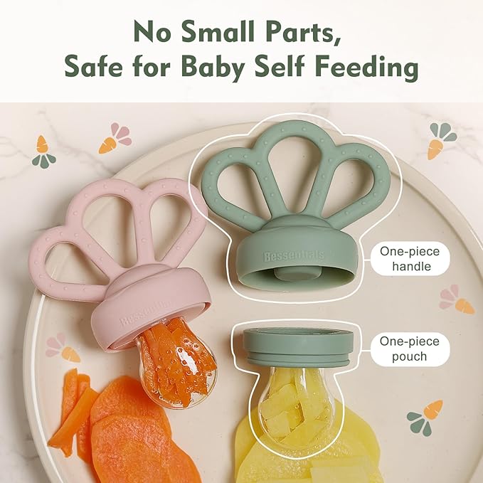 Carrot Baby Fresh Fruit Food Feeder & 2 Pack Silicone Mesh Feeders | Safe Infant Self-Feeding|Includes 3 Sizes of Food Pouches |Suitable for Baby 4M+|BPA-Free (Pink & Grass Green)