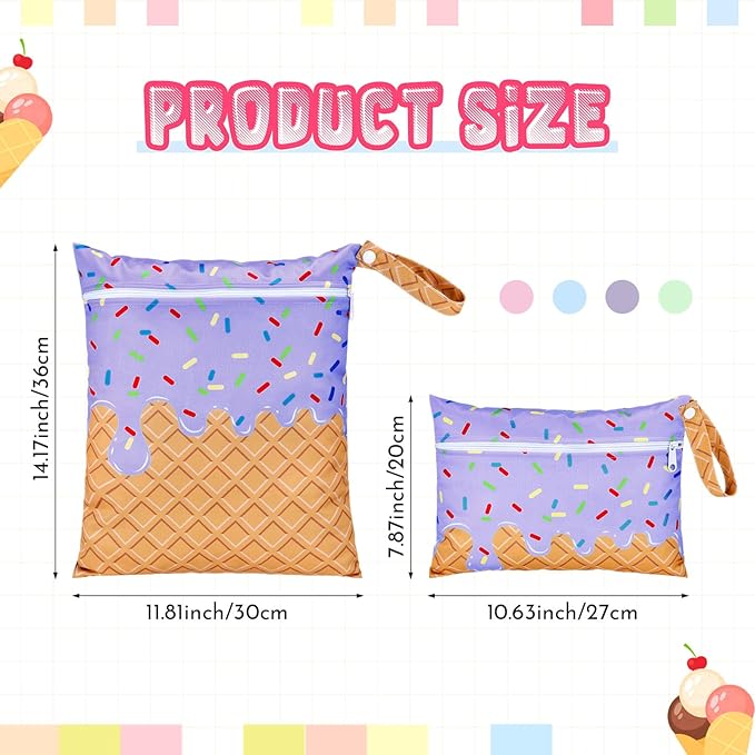 SATINIOR 2 Pack Wet Dry Bags Ice Cream Waterproof Pouch Large & Small Makeup Bag Baby Wet Bags Zipper Pouch for Baby Women Diapers Cloth(Purple)