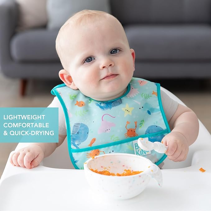 Bumkins Bibs, for Baby Girl or Boy, Infant 3-9 Months, Essential Must Have for Eating, Feeding, Baby Led Weaning Supplies, Mess Saving Waterproof Soft Fabric, Starter Bib 2-pk Blue Ocean Life
