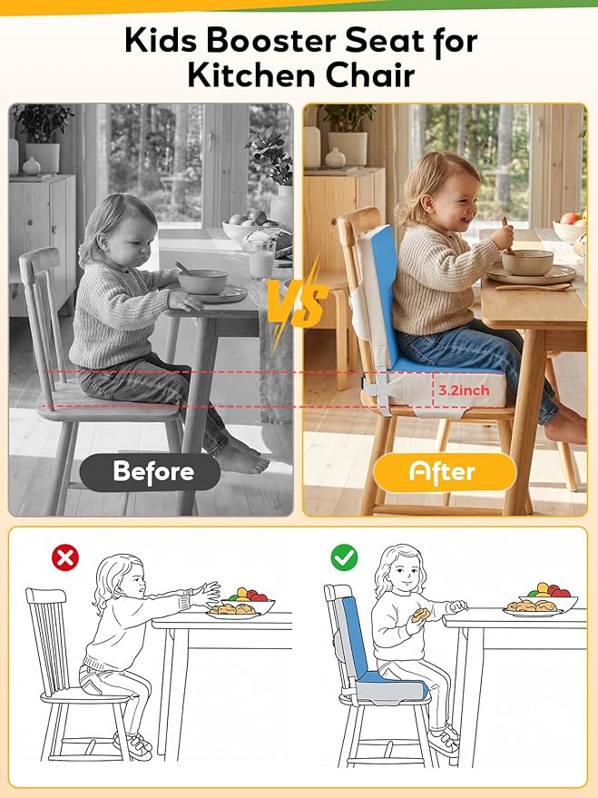 Toddler Booster Seat for Dining Table, Slip Bottom Double Safety Straps, Stronger Support Booster Seat Dining Toddler, Breathable Fabric Booster Seat for Table (Blue)
